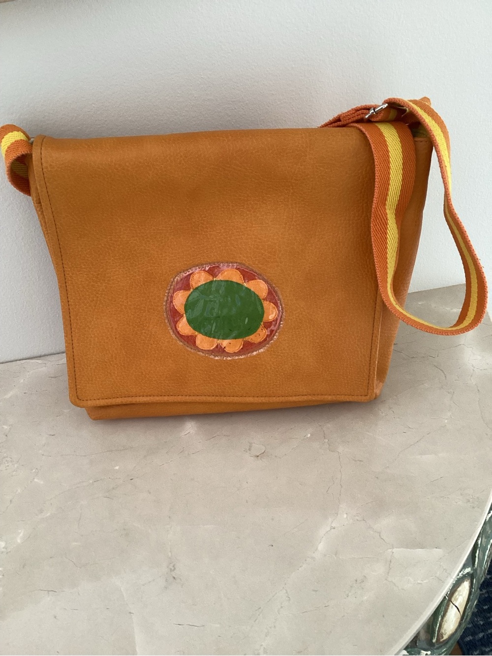 Saskia Designs Orange Leather Crossbody Bag with Striped Webbing Strap
